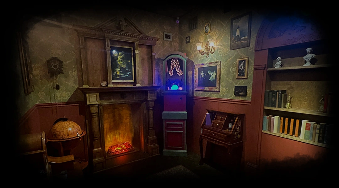 Victorian parlor inside The Whispering Halls 2 escape room at Enchambered in Sacramento